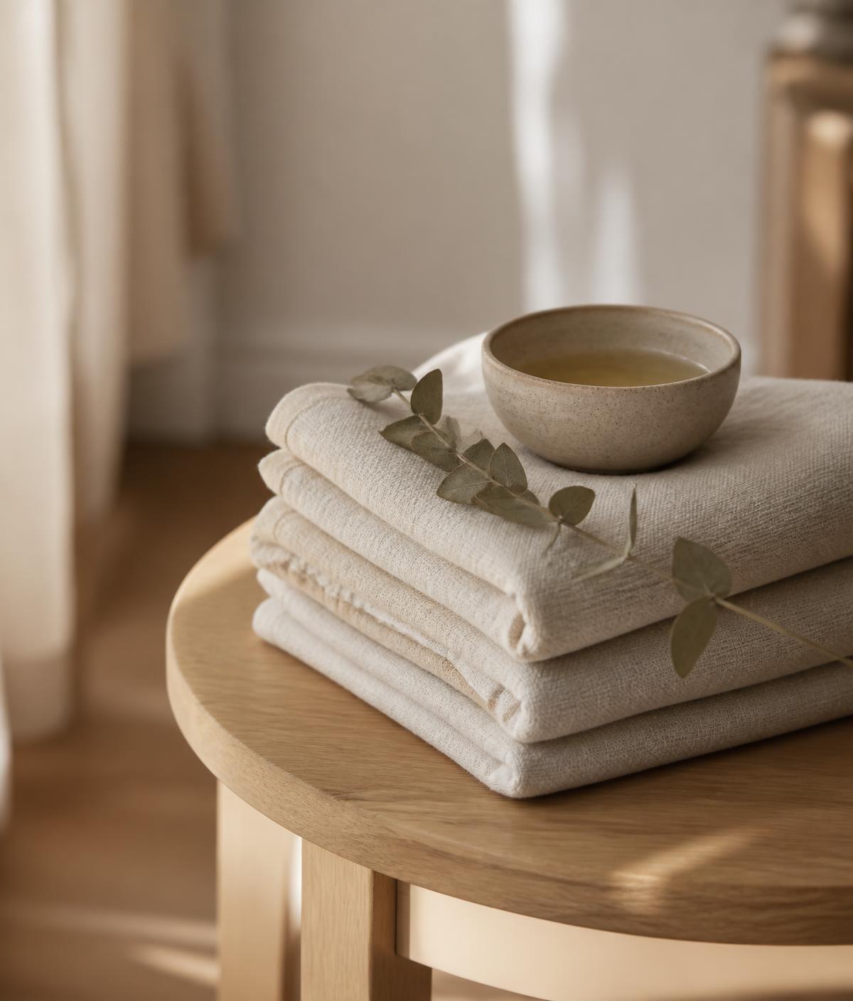 Folded linen towels and a bowl of massage oil on a wooden side table